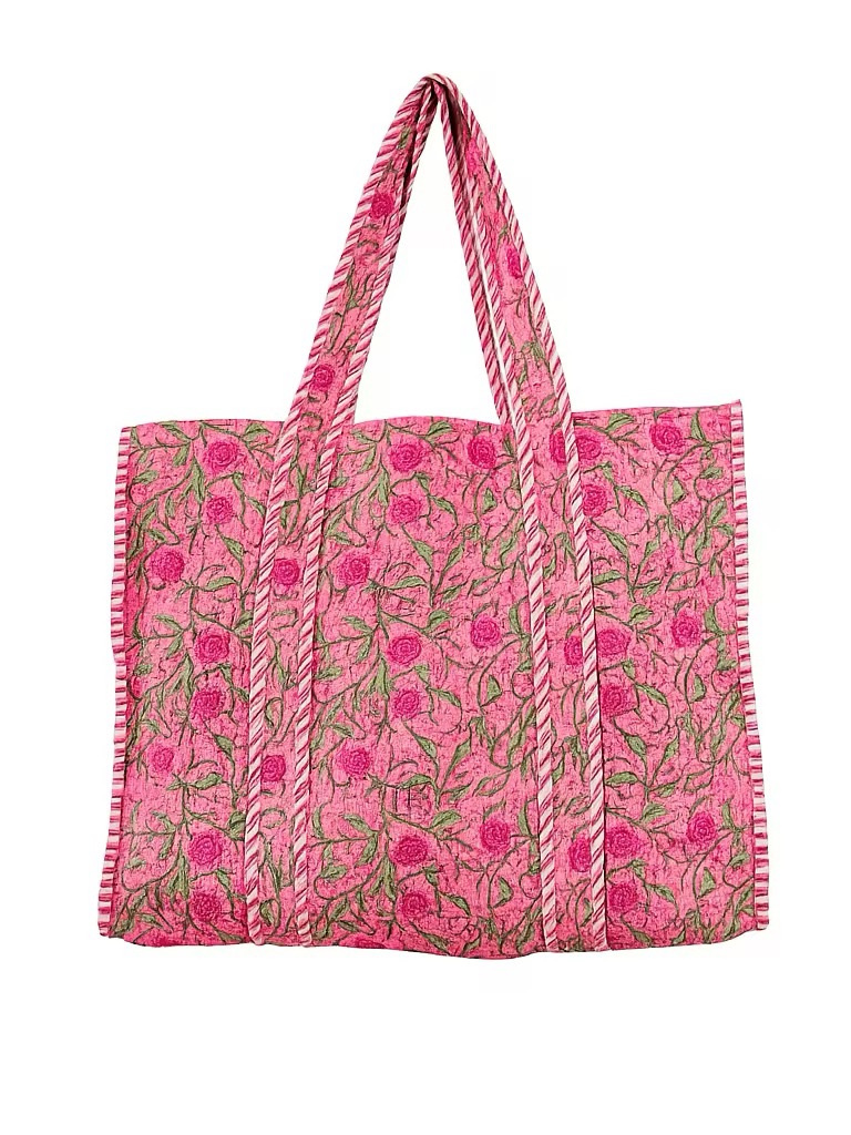 Pink Floral Quilted Tote Bag With Dual Straps